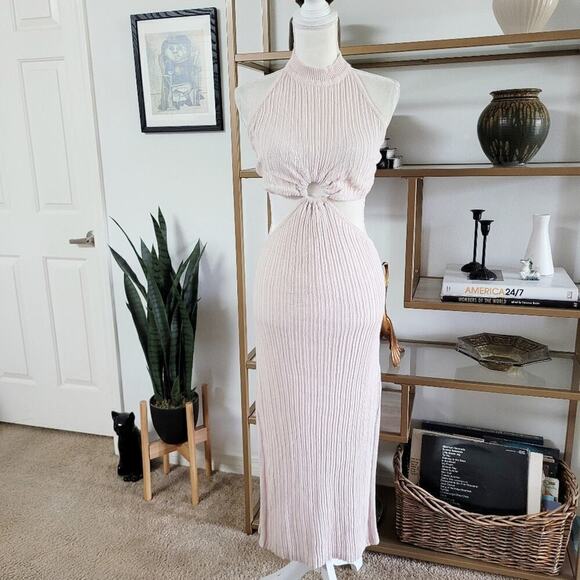 Anthropologie Pink Ribbed Knit Cut-Out Midi Dress Bodycon Y2K Party Clubwear - Picture 5 of 9